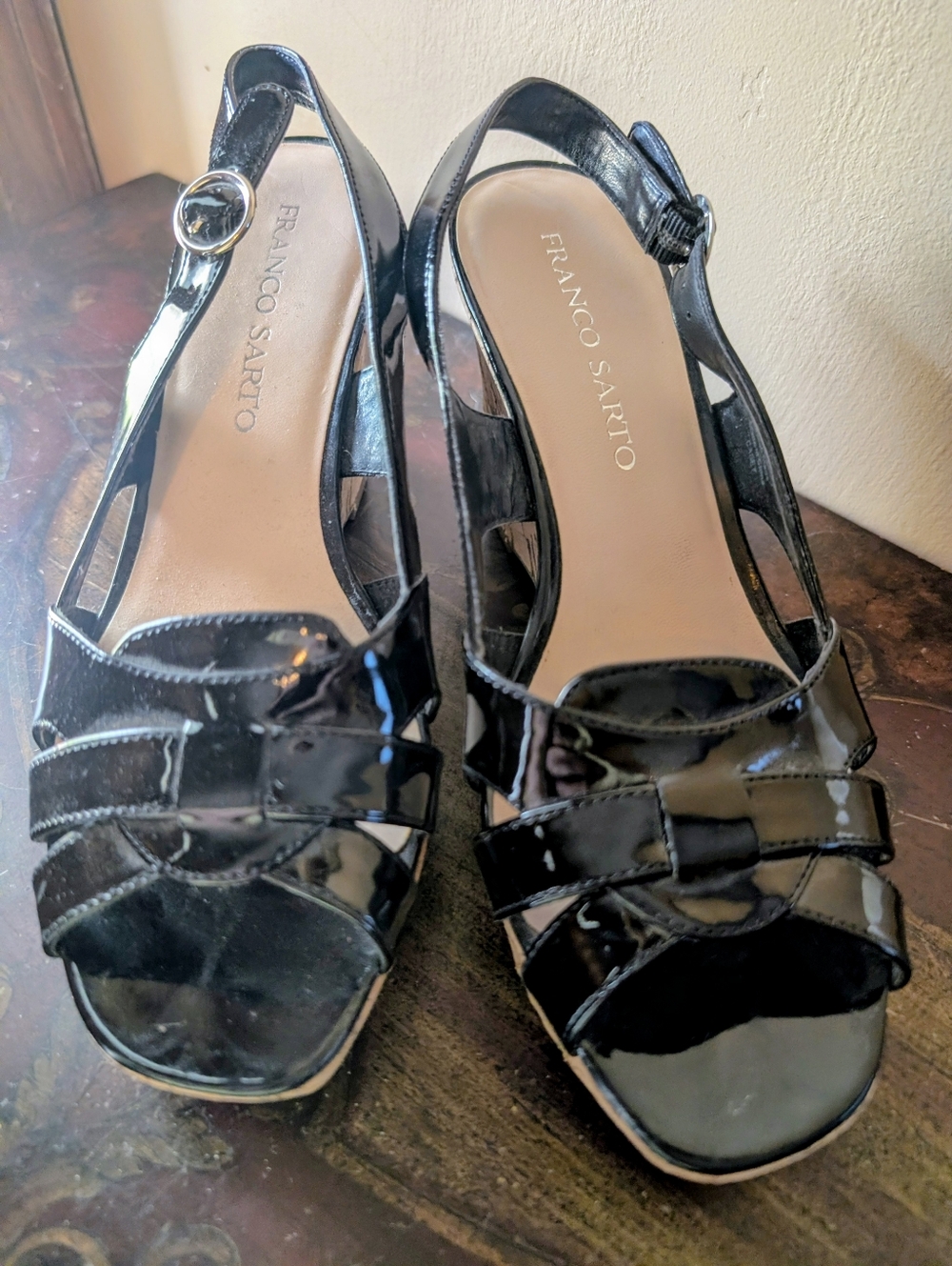 Franco Sarto Black Patent Peep-Toe Slingback Heels 8M